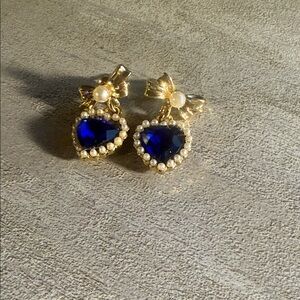 Gold and Blue Heart Drop Earrings